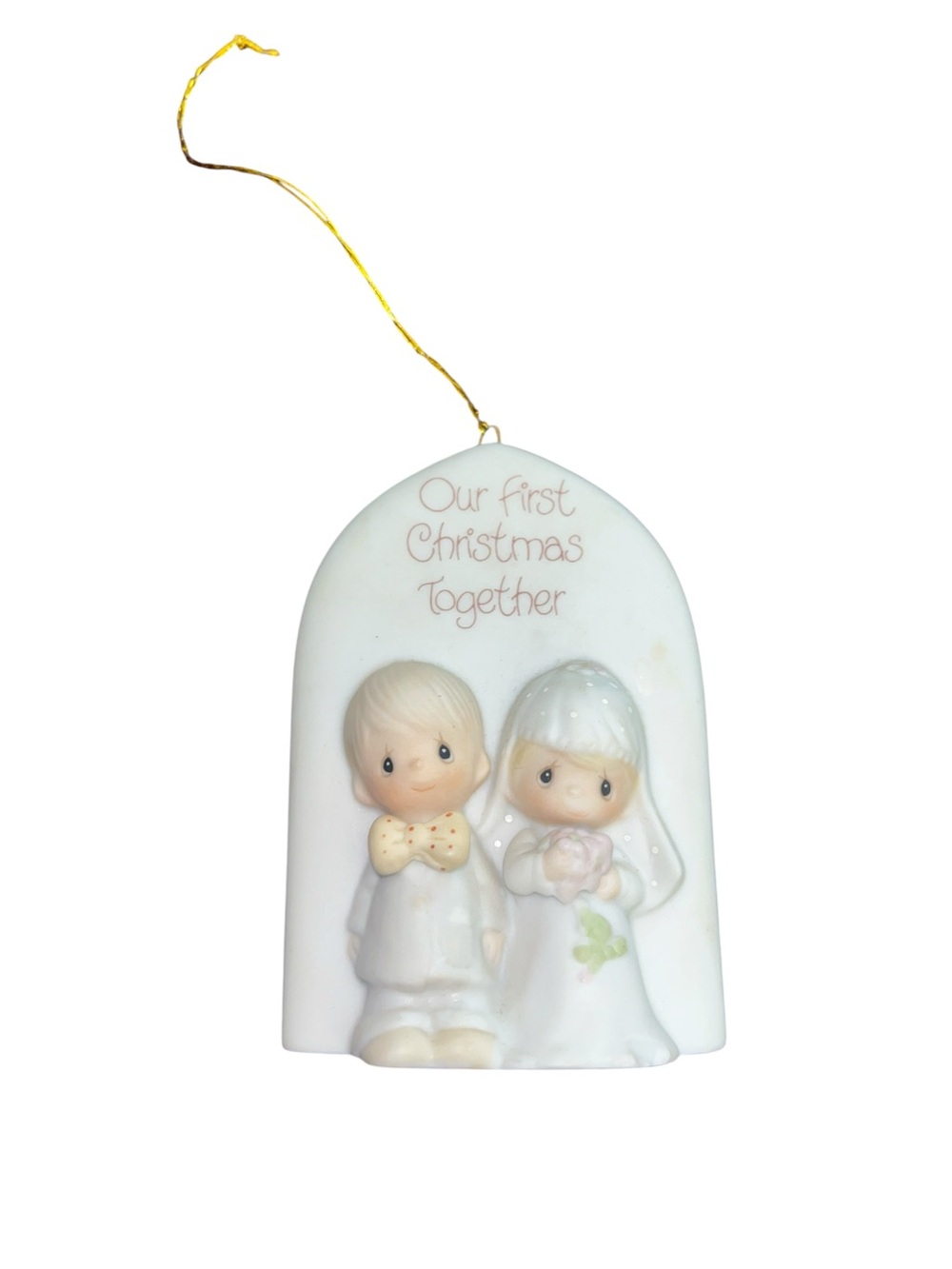 Precious Moments White Porcelain Bride and Groom Ornament with Gold Cord